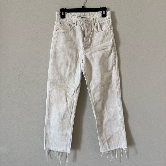 Zara Denim - Zara Acid Wash Cream Straight Leg Jeans with Frayed Hem Button Fly Size 6
